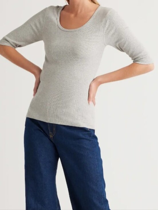 Quince Tops - Quince Women Organic Cotton Micro-Rib Elbow Sleeve Grey Tee Size XL